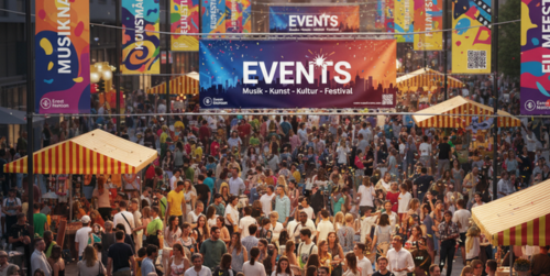 Buntes Event mit verschiedenen Bannern